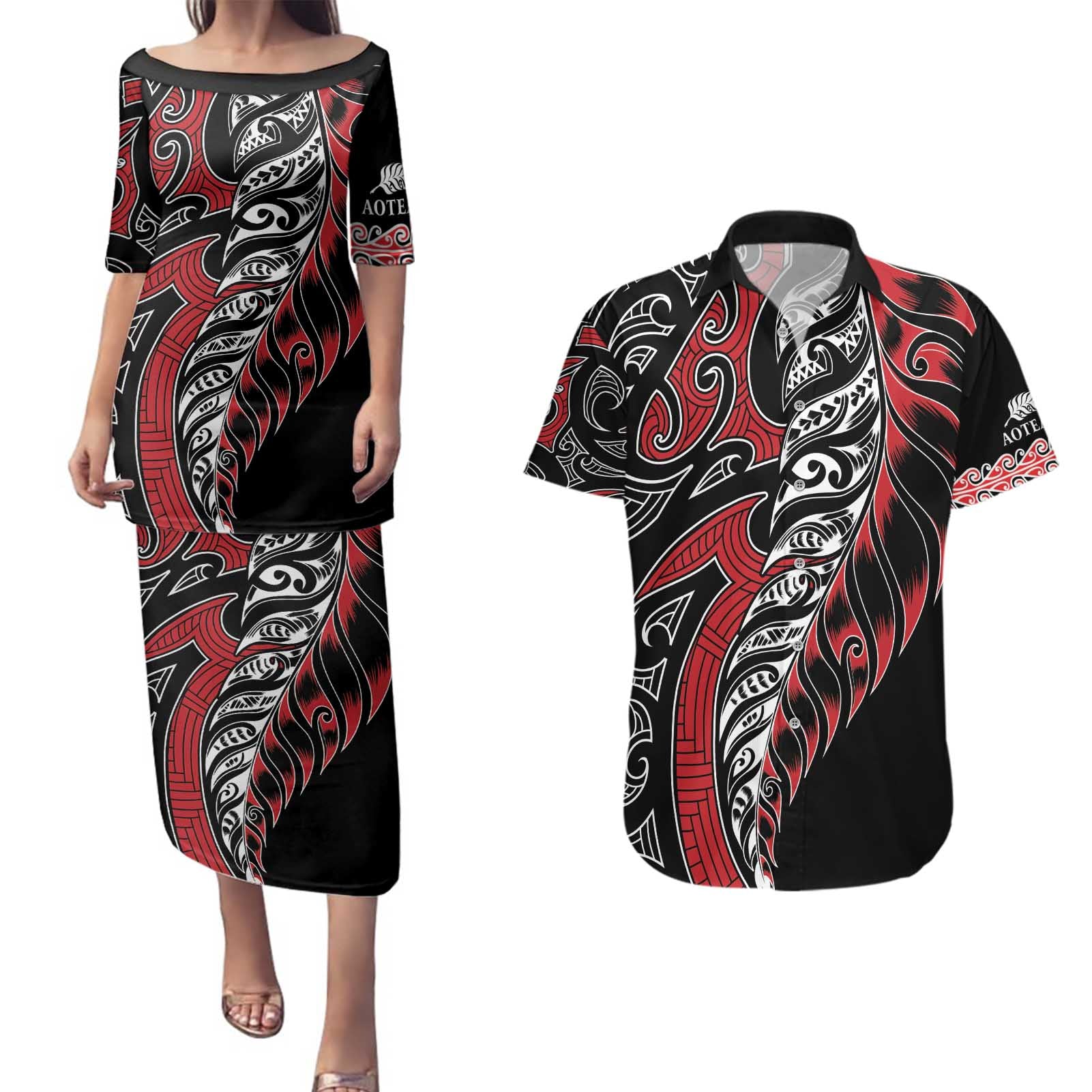 Koru Fern New Zealand Couples Matching Puletasi and Hawaiian Shirt Maori Tribal Pattern
