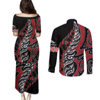 Koru Fern New Zealand Couples Matching Puletasi and Long Sleeve Button Shirt Maori Tribal Pattern