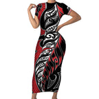 Koru Fern New Zealand Short Sleeve Bodycon Dress Maori Tribal Pattern