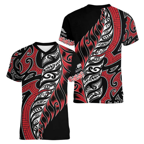 Koru Fern New Zealand Women V-Neck T-Shirt Maori Tribal Pattern