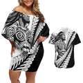 Koru Fern New Zealand Maori Tribal Warrior Couples Matching Off Shoulder Short Dress and Hawaiian Shirt