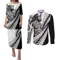 Koru Fern New Zealand Maori Tribal Warrior Couples Matching Puletasi and Long Sleeve Button Shirt