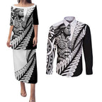 Koru Fern New Zealand Maori Tribal Warrior Couples Matching Puletasi and Long Sleeve Button Shirt
