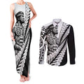 Koru Fern New Zealand Maori Tribal Warrior Couples Matching Tank Maxi Dress and Long Sleeve Button Shirt