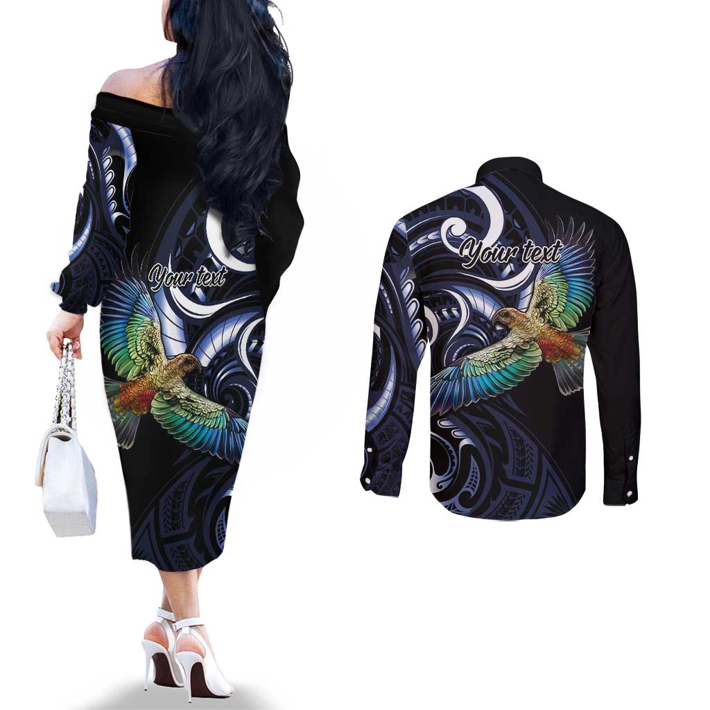 New Zealand Kea Bird Personalised Couples Matching Off The Shoulder Long Sleeve Dress and Long Sleeve Button Shirt Maori Tribal Koru Art