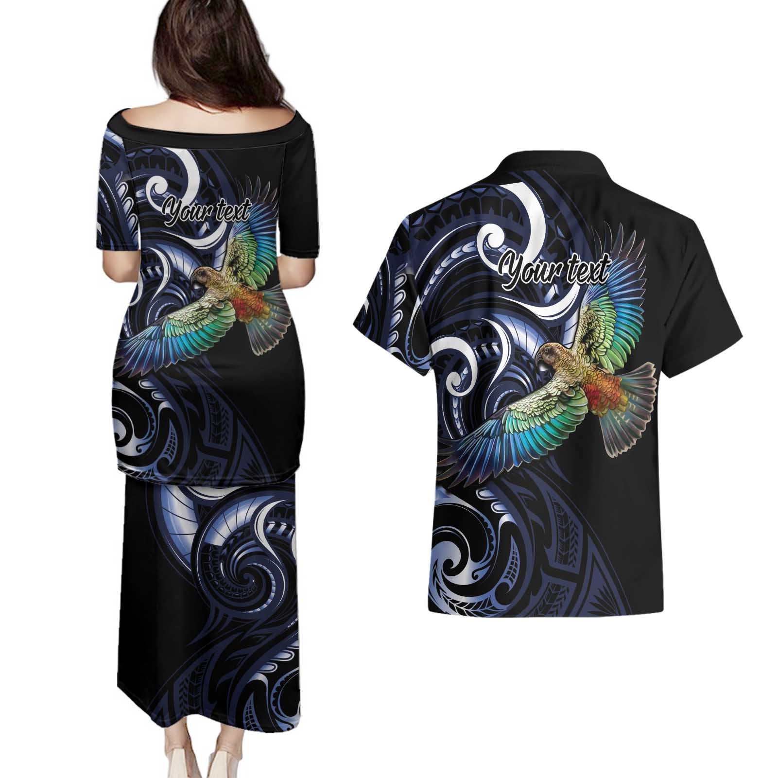 New Zealand Kea Bird Personalised Couples Matching Puletasi and Hawaiian Shirt Maori Tribal Koru Art