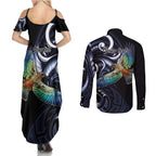 New Zealand Kea Bird Personalised Couples Matching Summer Maxi Dress and Long Sleeve Button Shirt Maori Tribal Koru Art