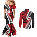 Silver Fern Koru Swirls with Maori Ta Moko Couples Matching Mermaid Dress and Long Sleeve Button Shirt