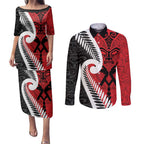Silver Fern Koru Swirls with Maori Ta Moko Couples Matching Puletasi and Long Sleeve Button Shirt