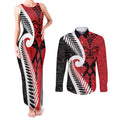 Silver Fern Koru Swirls with Maori Ta Moko Couples Matching Tank Maxi Dress and Long Sleeve Button Shirt