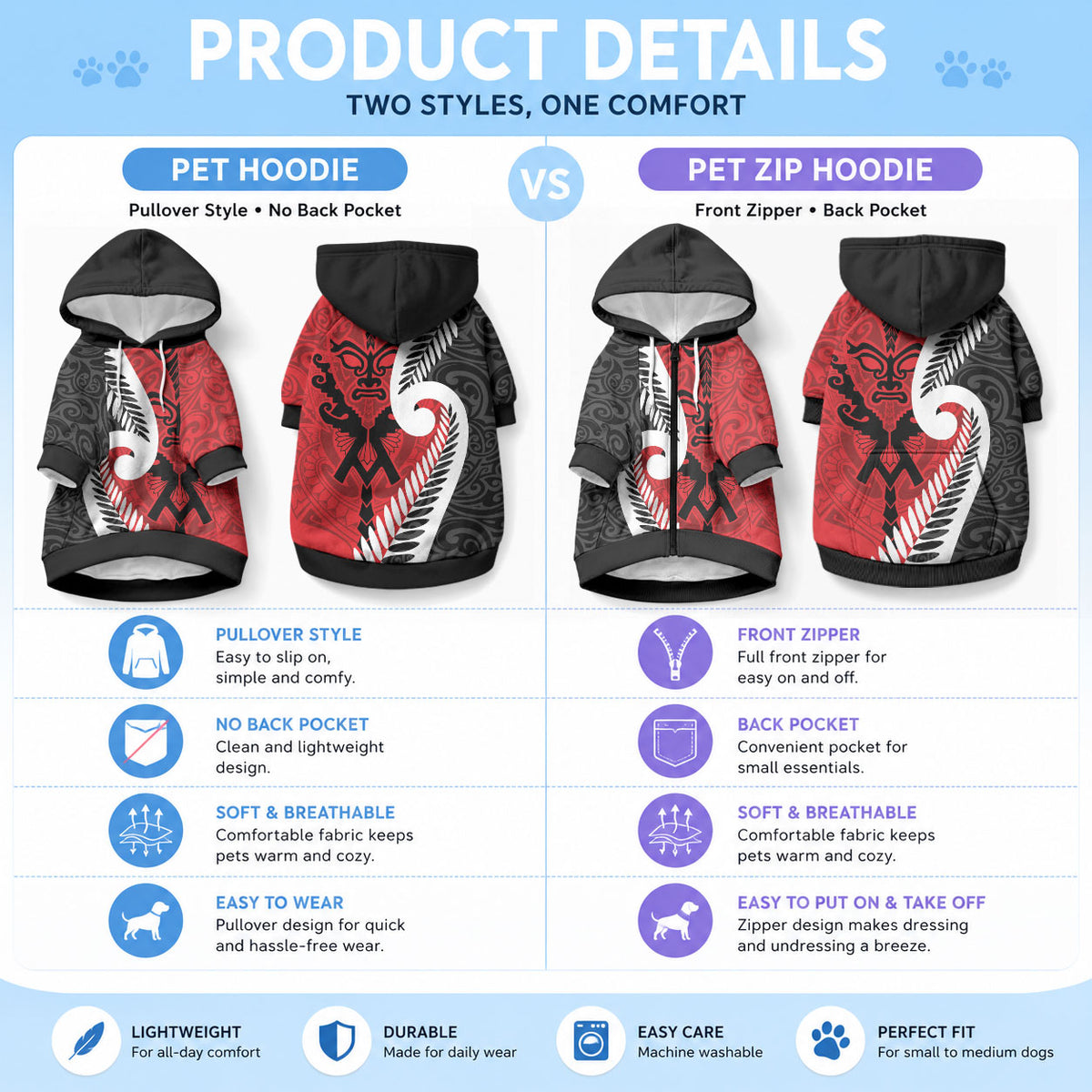Silver Fern Koru Swirls with Maori Ta Moko Pet Hoodie