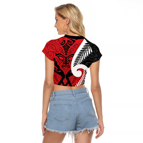 Silver Fern Koru Swirls with Maori Ta Moko Raglan Cropped T Shirt