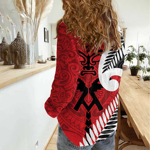 Silver Fern Koru Swirls with Maori Ta Moko Women Casual Shirt