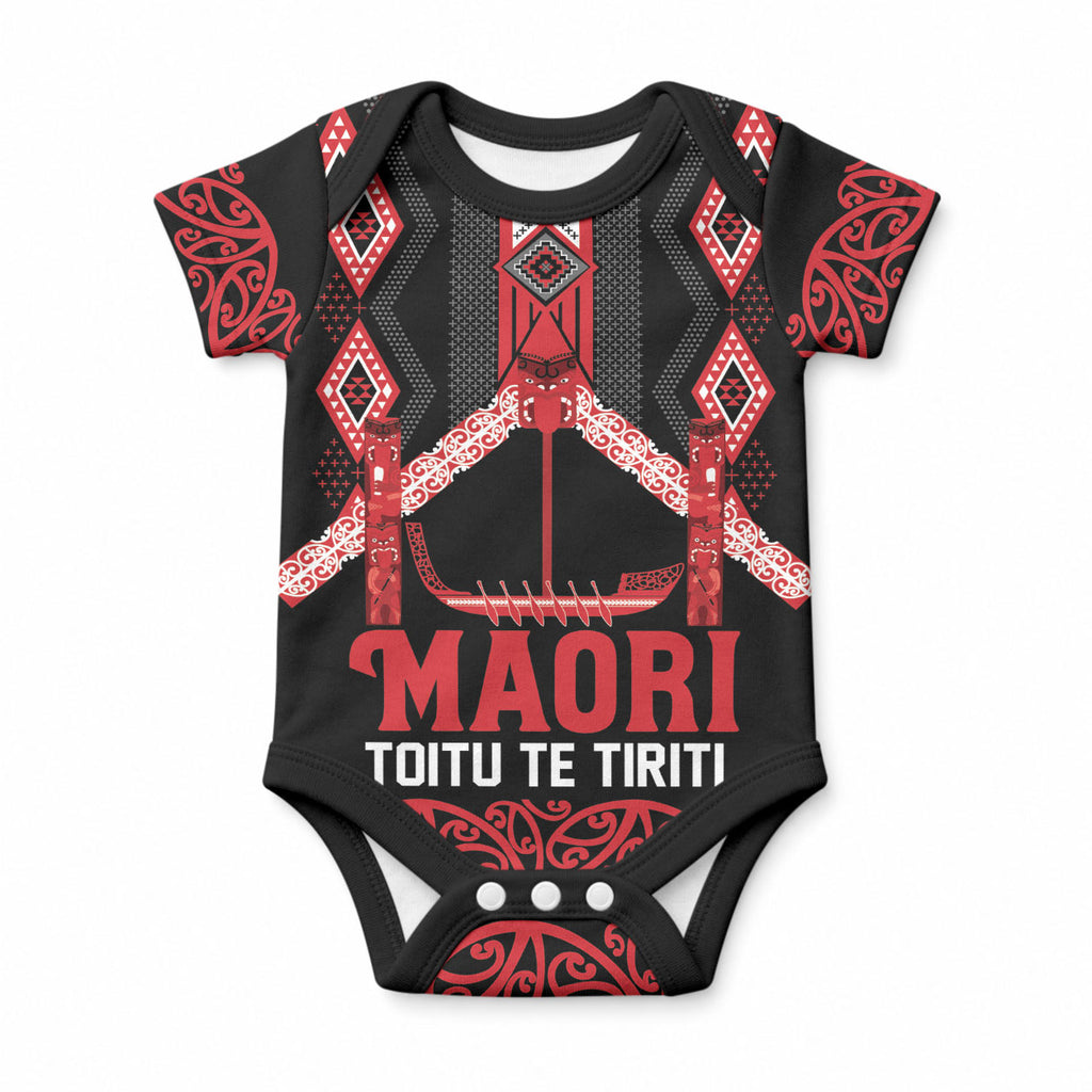 Toitu Te Tiriti Waitangi Baby Onesie Black Wharenui House