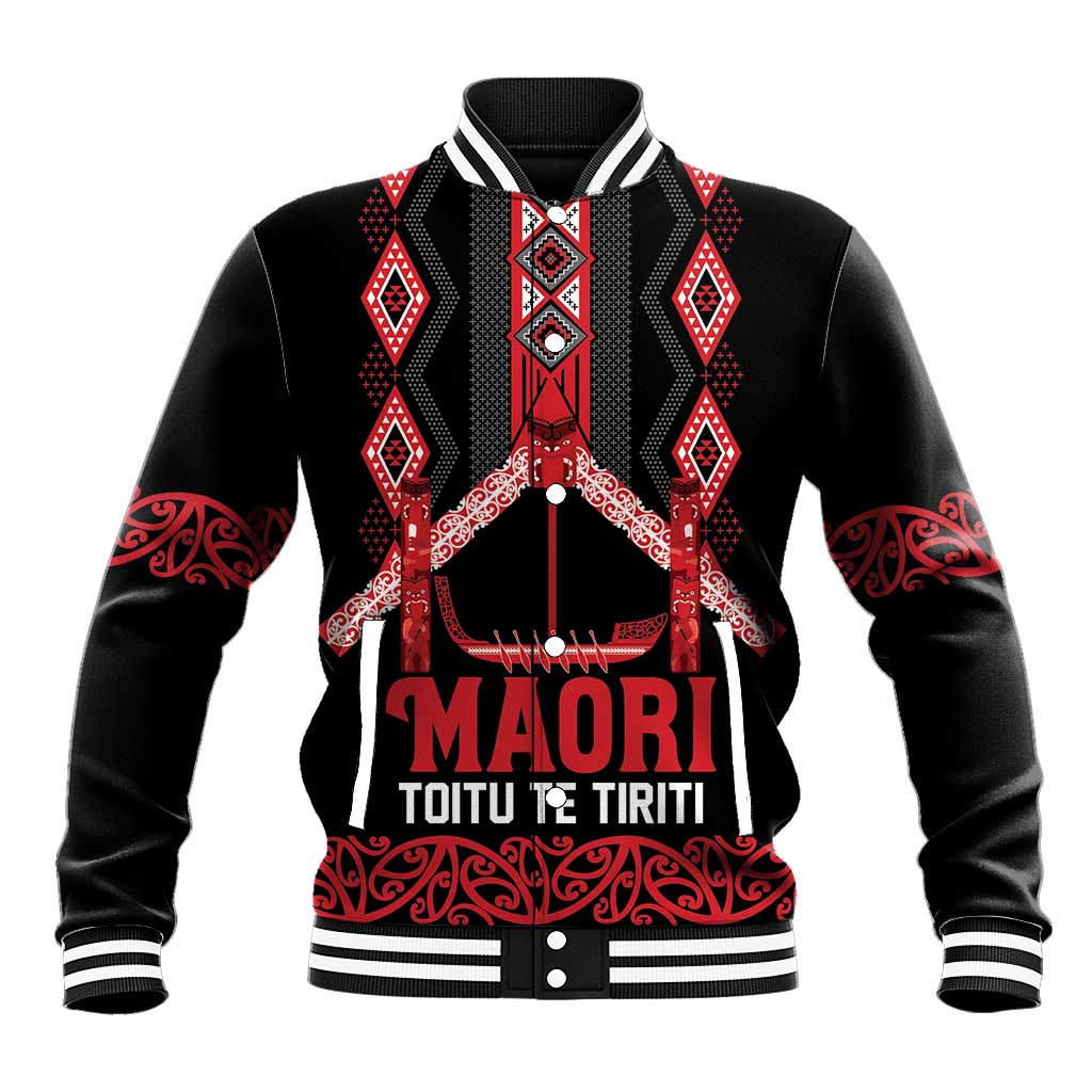 Toitu Te Tiriti Waitangi Baseball Jacket Black Wharenui House - Aussie Hoodie