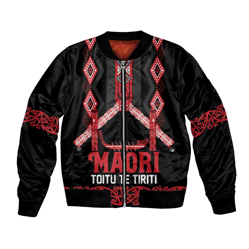 Toitu Te Tiriti Waitangi Bomber Jacket Black Wharenui House - Aussie Hoodie