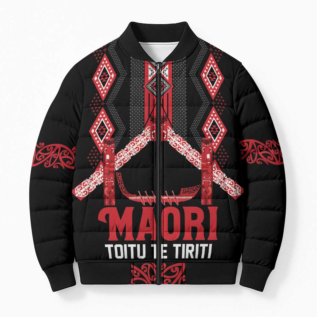 Toitu Te Tiriti Waitangi Bomber Puffer Jacket Black Wharenui House - Aussie Hoodie