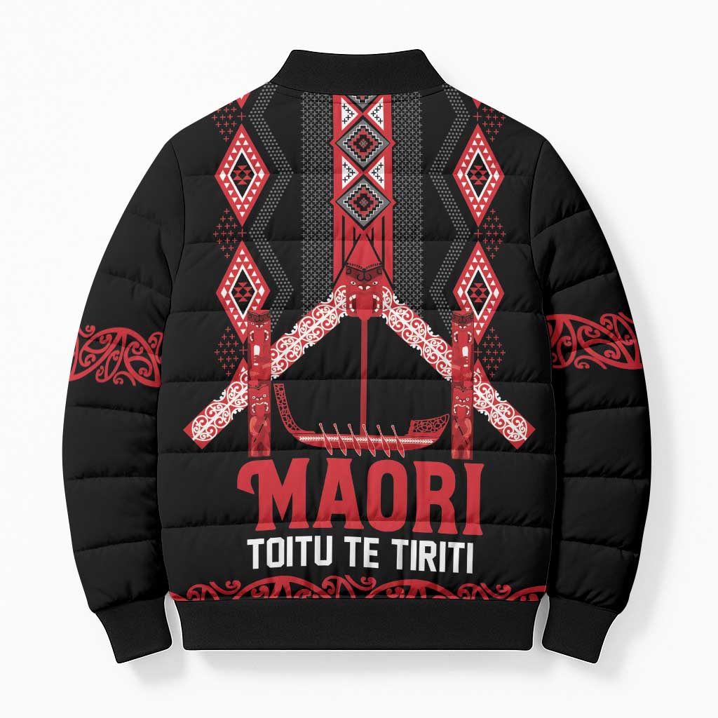 Toitu Te Tiriti Waitangi Bomber Puffer Jacket Black Wharenui House - Aussie Hoodie
