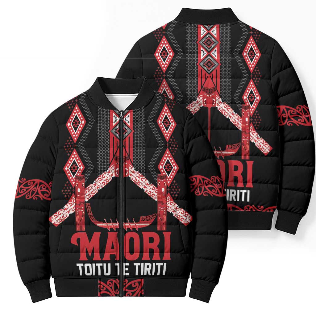 Toitu Te Tiriti Waitangi Bomber Puffer Jacket Black Wharenui House - Aussie Hoodie