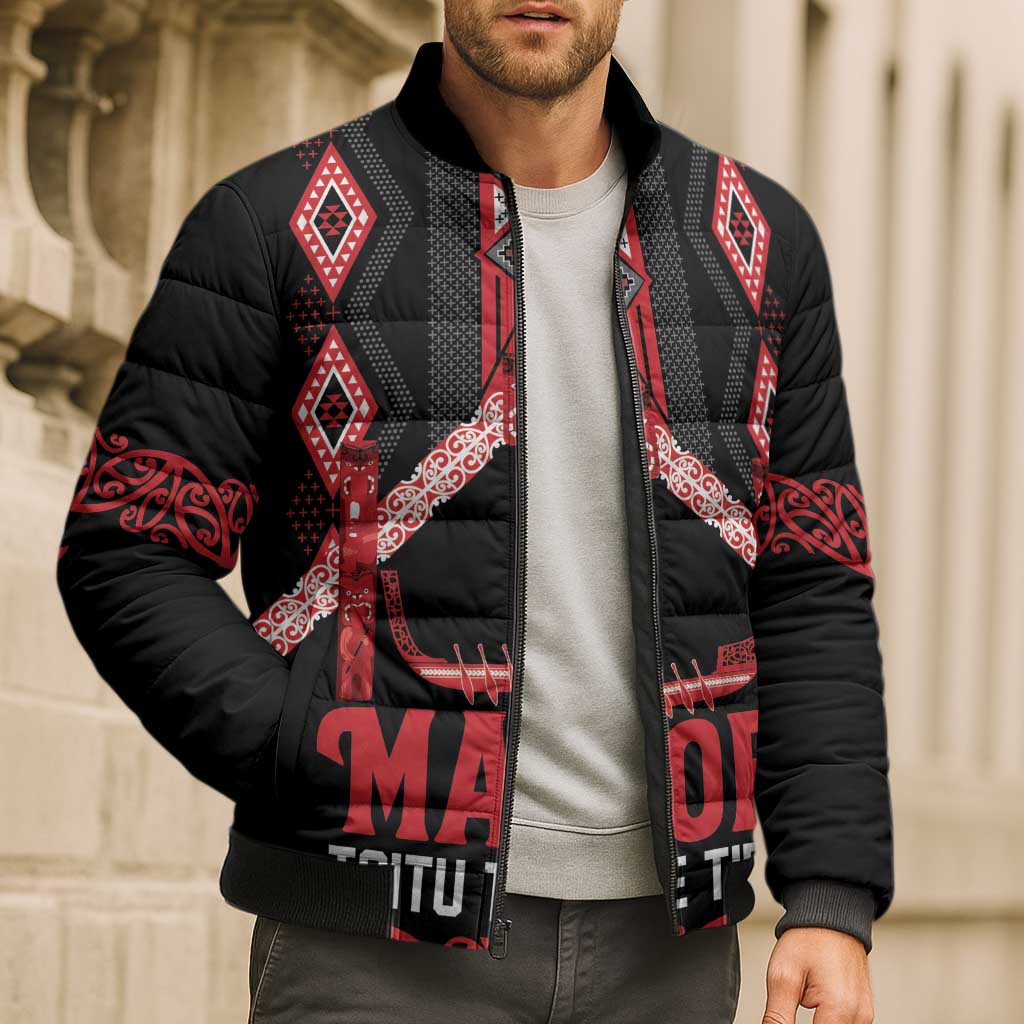 Toitu Te Tiriti Waitangi Bomber Puffer Jacket Black Wharenui House - Aussie Hoodie
