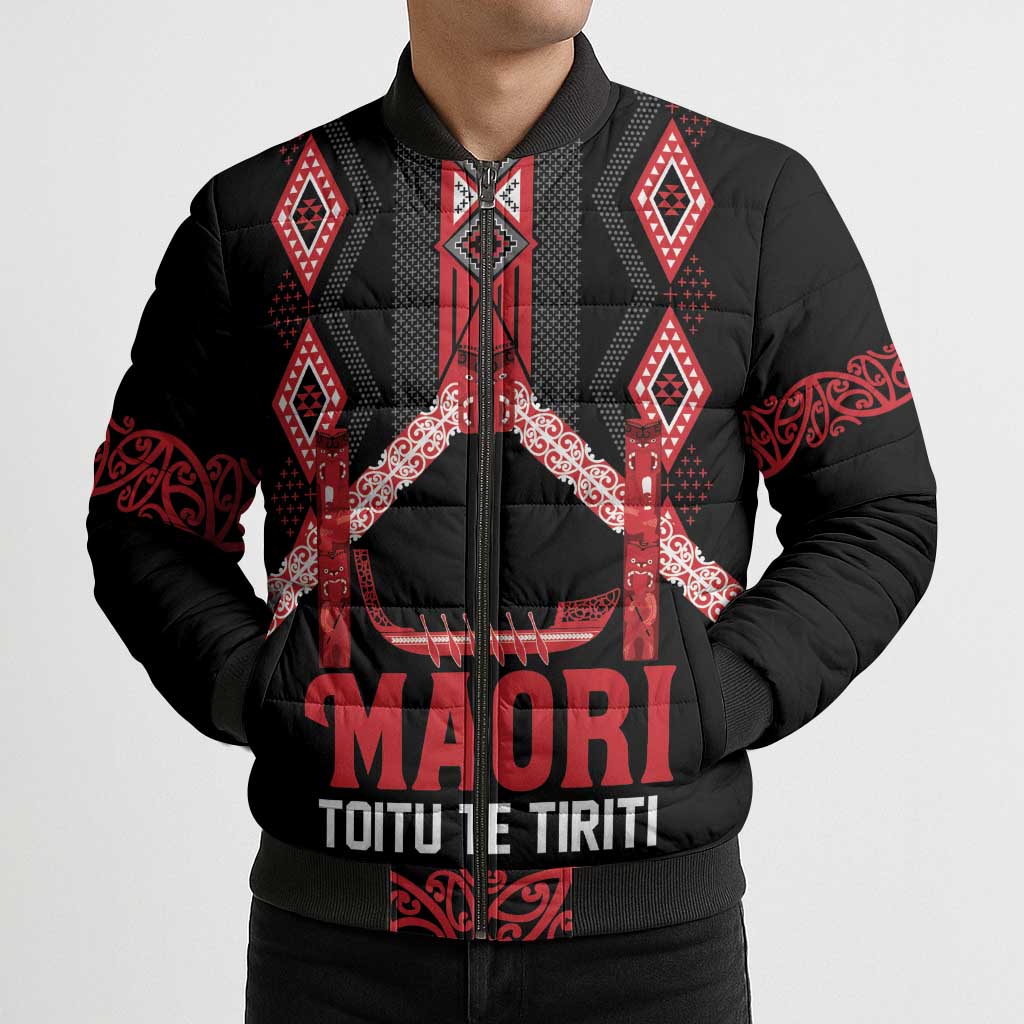 Toitu Te Tiriti Waitangi Bomber Puffer Jacket Black Wharenui House - Aussie Hoodie