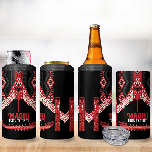 Toitu Te Tiriti Waitangi 4 in 1 Can Cooler Tumbler Black Wharenui House - Aussie Hoodie
