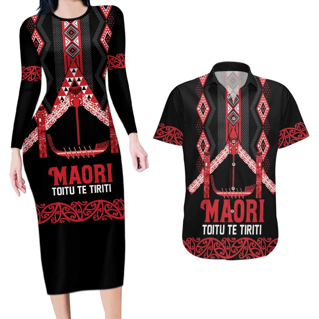Toitu Te Tiriti Waitangi Couples Matching Long Sleeve Bodycon Dress and Hawaiian Shirt Black Wharenui House - Aussie Hoodie