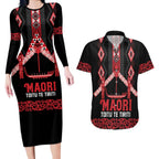 Toitu Te Tiriti Waitangi Couples Matching Long Sleeve Bodycon Dress and Hawaiian Shirt Black Wharenui House - Aussie Hoodie