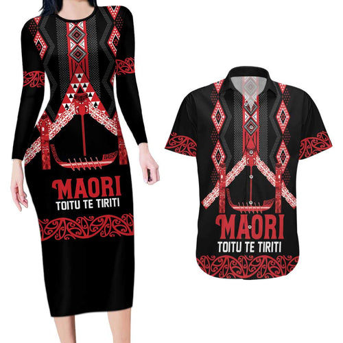 Toitu Te Tiriti Waitangi Couples Matching Long Sleeve Bodycon Dress and Hawaiian Shirt Black Wharenui House - Aussie Hoodie