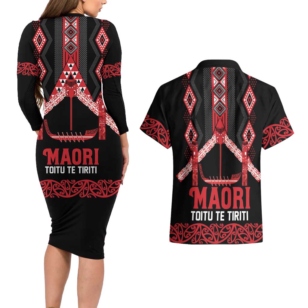 Toitu Te Tiriti Waitangi Couples Matching Long Sleeve Bodycon Dress and Hawaiian Shirt Black Wharenui House - Aussie Hoodie