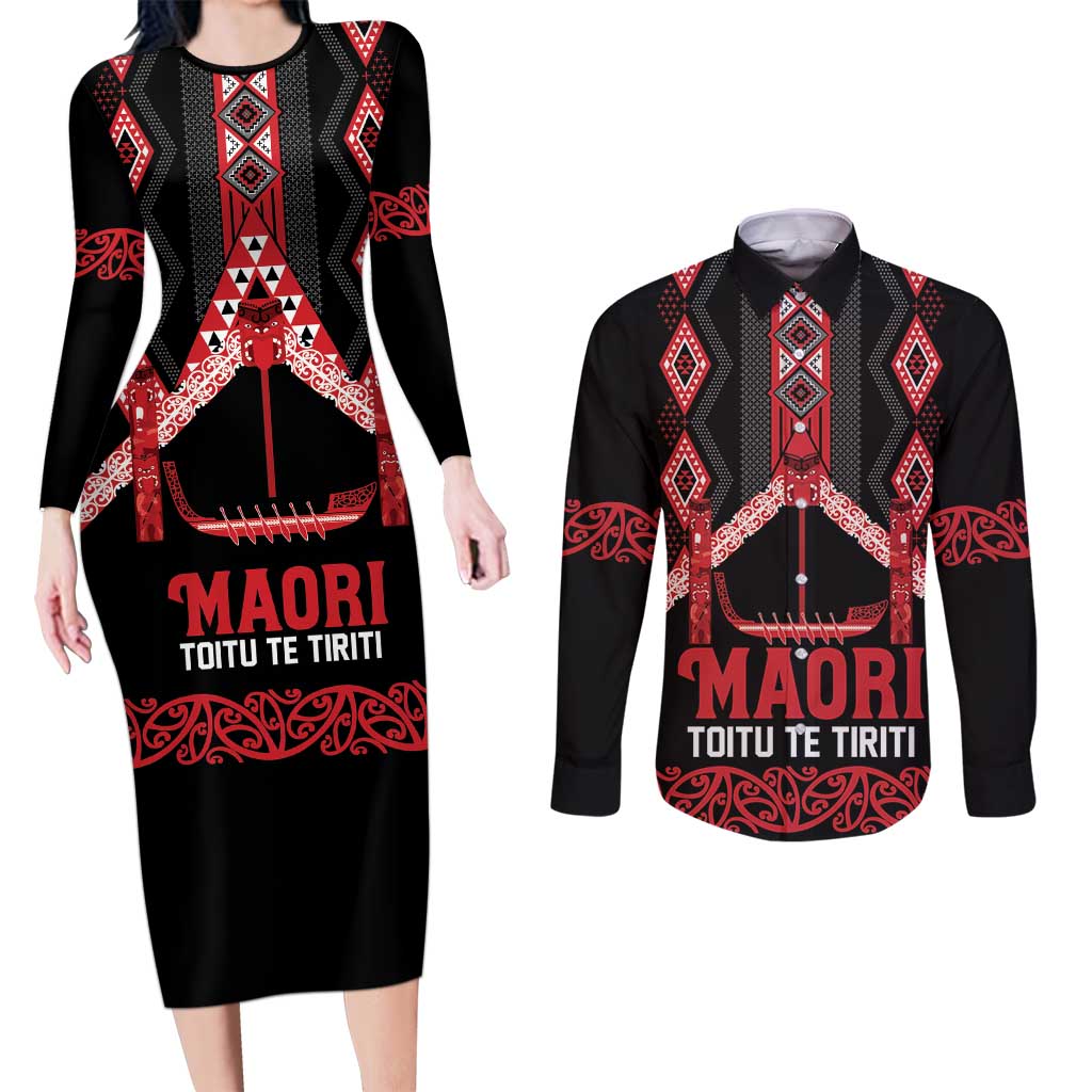 Toitu Te Tiriti Waitangi Couples Matching Long Sleeve Bodycon Dress and Long Sleeve Button Shirt Black Wharenui House - Aussie Hoodie