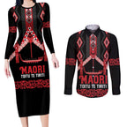Toitu Te Tiriti Waitangi Couples Matching Long Sleeve Bodycon Dress and Long Sleeve Button Shirt Black Wharenui House - Aussie Hoodie