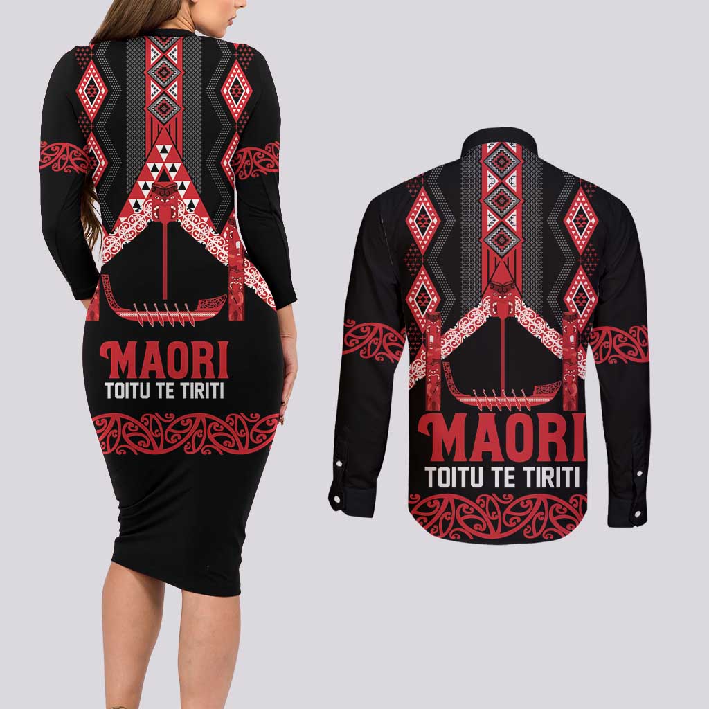 Toitu Te Tiriti Waitangi Couples Matching Long Sleeve Bodycon Dress and Long Sleeve Button Shirt Black Wharenui House - Aussie Hoodie