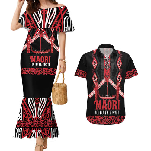 Toitu Te Tiriti Waitangi Couples Matching Mermaid Dress and Hawaiian Shirt Black Wharenui House - Aussie Hoodie