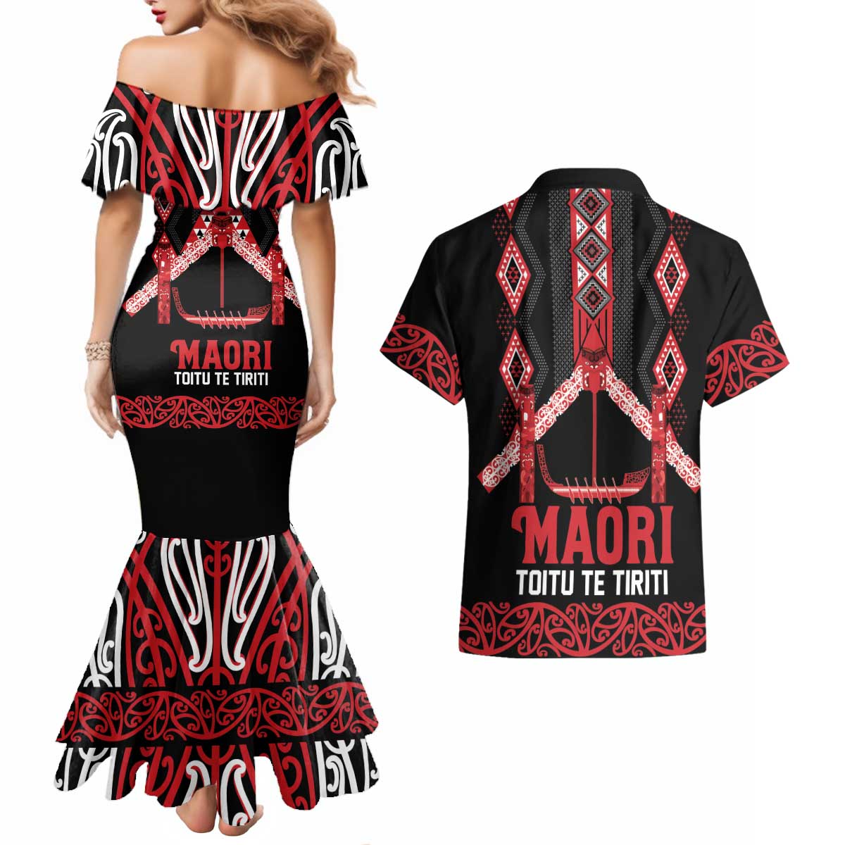 Toitu Te Tiriti Waitangi Couples Matching Mermaid Dress and Hawaiian Shirt Black Wharenui House - Aussie Hoodie