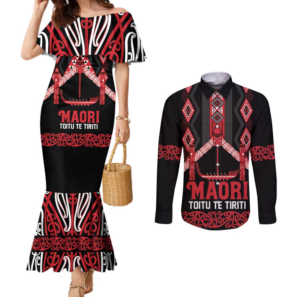 Toitu Te Tiriti Waitangi Couples Matching Mermaid Dress and Long Sleeve Button Shirt Black Wharenui House - Aussie Hoodie