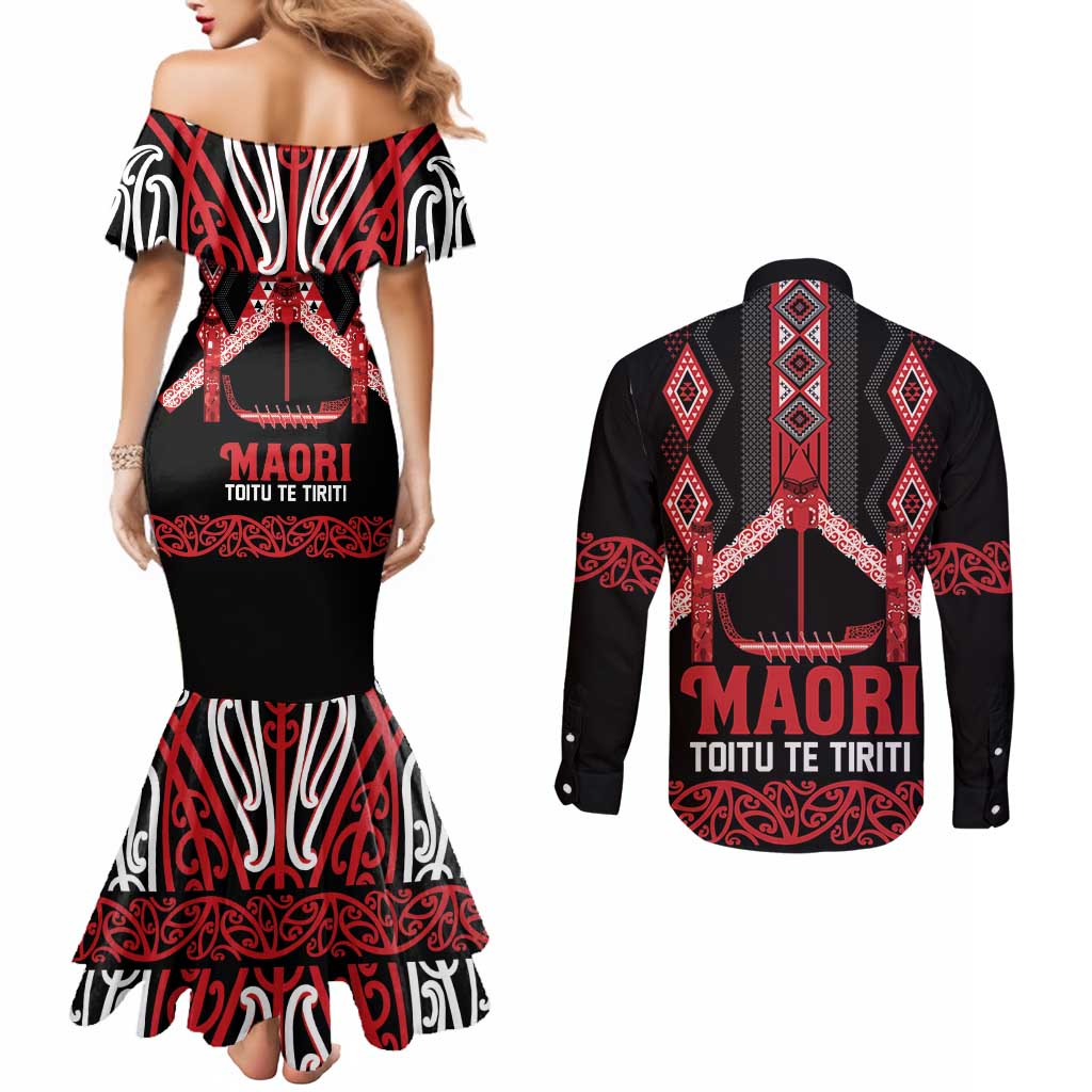 Toitu Te Tiriti Waitangi Couples Matching Mermaid Dress and Long Sleeve Button Shirt Black Wharenui House - Aussie Hoodie