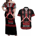 Toitu Te Tiriti Waitangi Couples Matching Off Shoulder Maxi Dress and Hawaiian Shirt Black Wharenui House - Aussie Hoodie