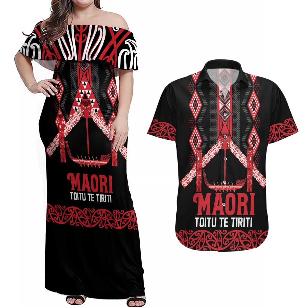 Toitu Te Tiriti Waitangi Couples Matching Off Shoulder Maxi Dress and Hawaiian Shirt Black Wharenui House - Aussie Hoodie