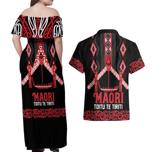 Toitu Te Tiriti Waitangi Couples Matching Off Shoulder Maxi Dress and Hawaiian Shirt Black Wharenui House - Aussie Hoodie