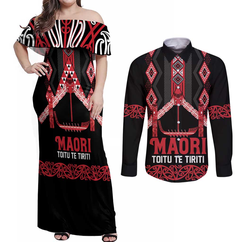 Toitu Te Tiriti Waitangi Couples Matching Off Shoulder Maxi Dress and Long Sleeve Button Shirt Black Wharenui House - Aussie Hoodie
