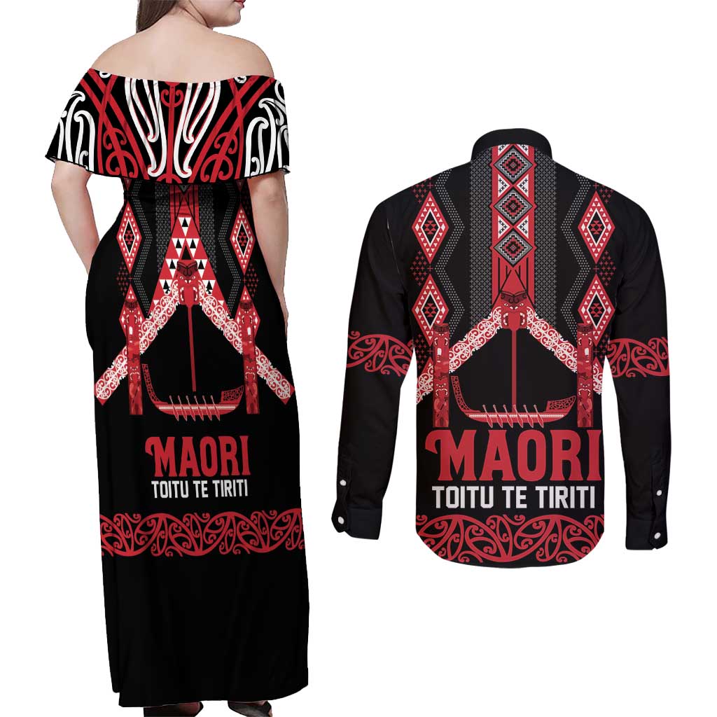 Toitu Te Tiriti Waitangi Couples Matching Off Shoulder Maxi Dress and Long Sleeve Button Shirt Black Wharenui House - Aussie Hoodie