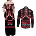 Toitu Te Tiriti Waitangi Couples Matching Off Shoulder Maxi Dress and Long Sleeve Button Shirt Black Wharenui House - Aussie Hoodie