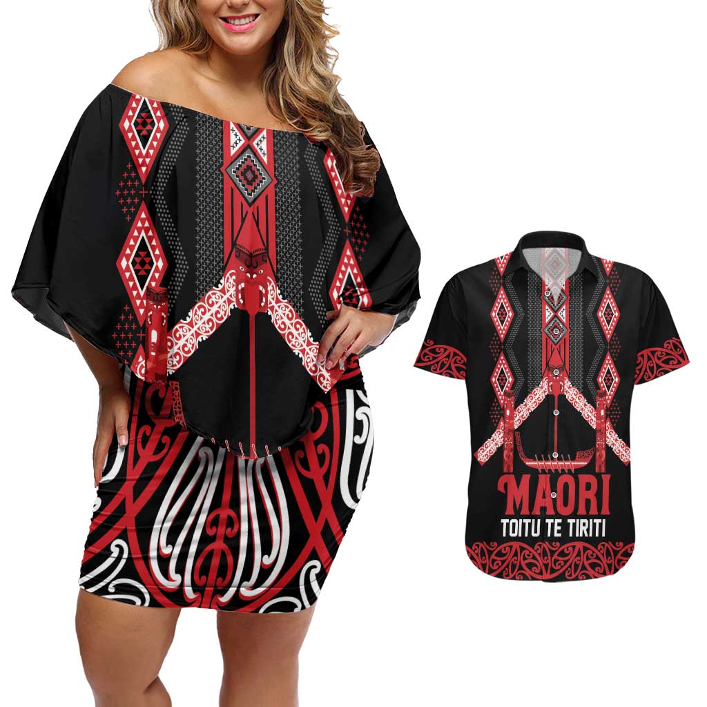 Toitu Te Tiriti Waitangi Couples Matching Off Shoulder Short Dress and Hawaiian Shirt Black Wharenui House - Aussie Hoodie