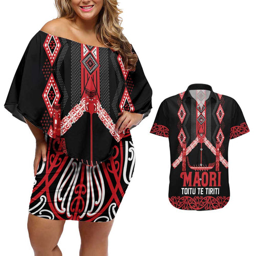 Toitu Te Tiriti Waitangi Couples Matching Off Shoulder Short Dress and Hawaiian Shirt Black Wharenui House - Aussie Hoodie