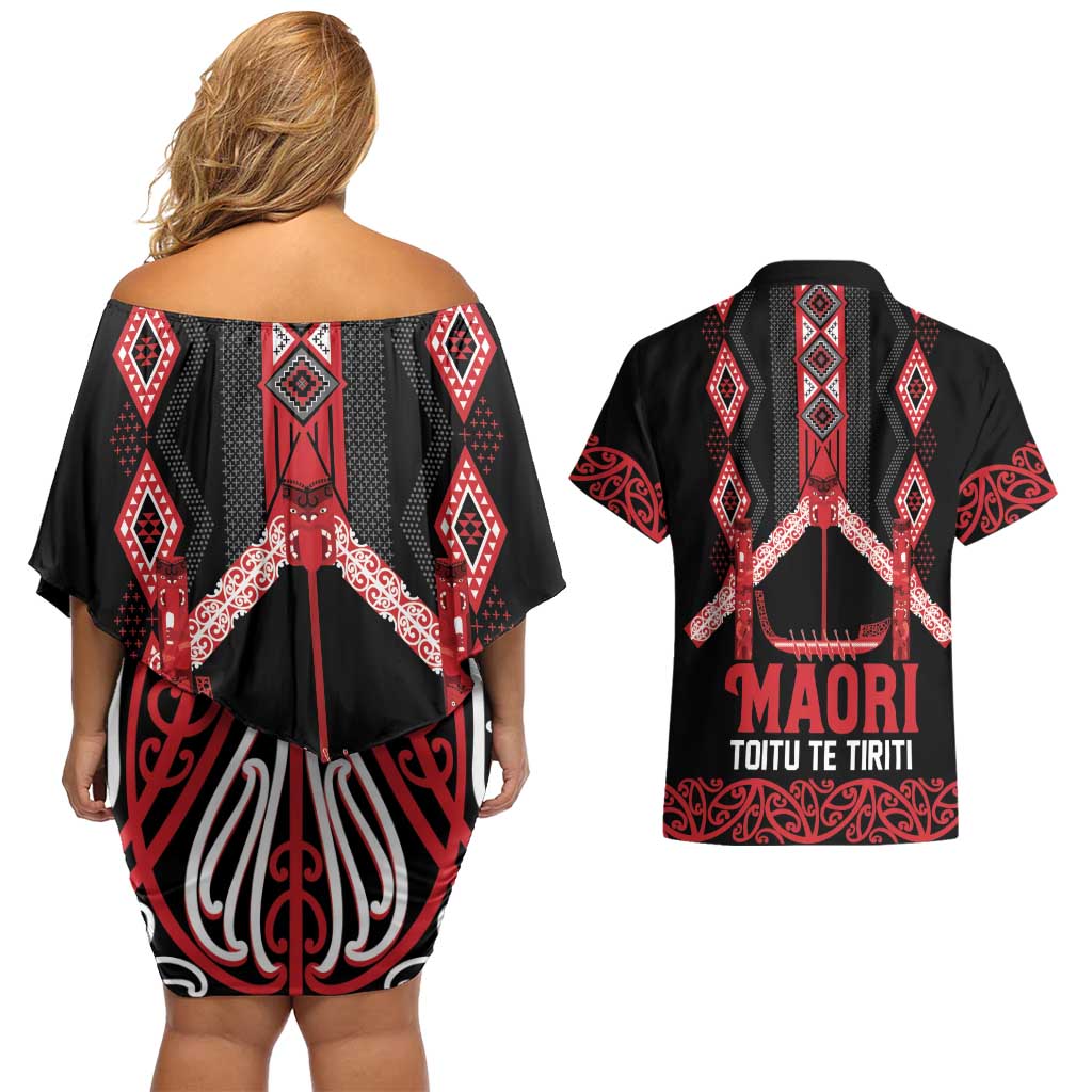 Toitu Te Tiriti Waitangi Couples Matching Off Shoulder Short Dress and Hawaiian Shirt Black Wharenui House - Aussie Hoodie