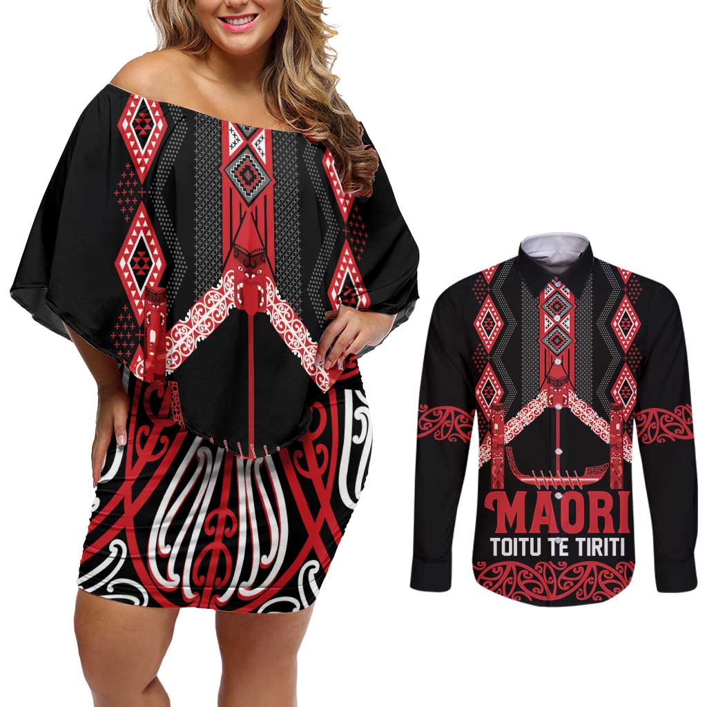 Toitu Te Tiriti Waitangi Couples Matching Off Shoulder Short Dress and Long Sleeve Button Shirt Black Wharenui House - Aussie Hoodie