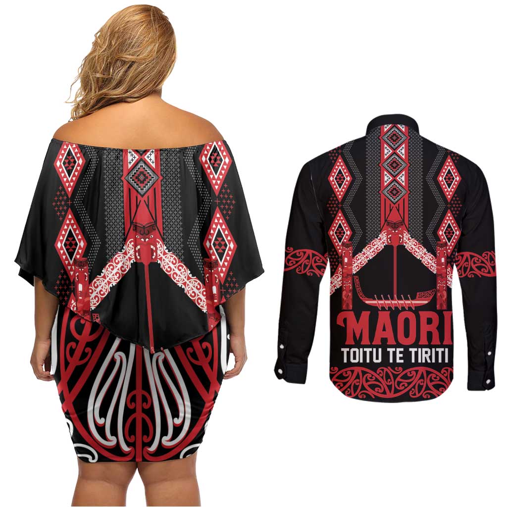 Toitu Te Tiriti Waitangi Couples Matching Off Shoulder Short Dress and Long Sleeve Button Shirt Black Wharenui House - Aussie Hoodie