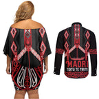 Toitu Te Tiriti Waitangi Couples Matching Off Shoulder Short Dress and Long Sleeve Button Shirt Black Wharenui House - Aussie Hoodie