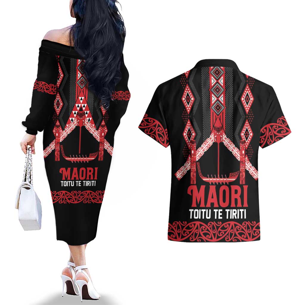 Toitu Te Tiriti Waitangi Couples Matching Off The Shoulder Long Sleeve Dress and Hawaiian Shirt Black Wharenui House - Aussie Hoodie